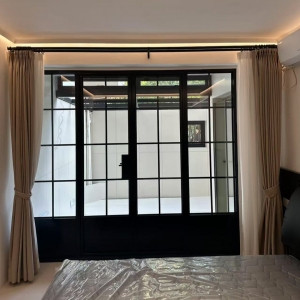 Flat Top Iron Entry Doors Ornate Scrollwork Openable Glass Panels & Black Finish for Classic Home Accents