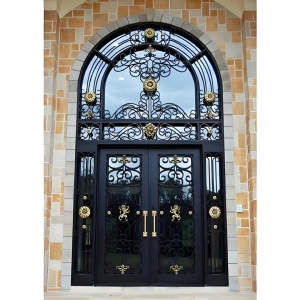 Custom New Design Arch Double Metal Entrance Wrought Iron Door China with Transom